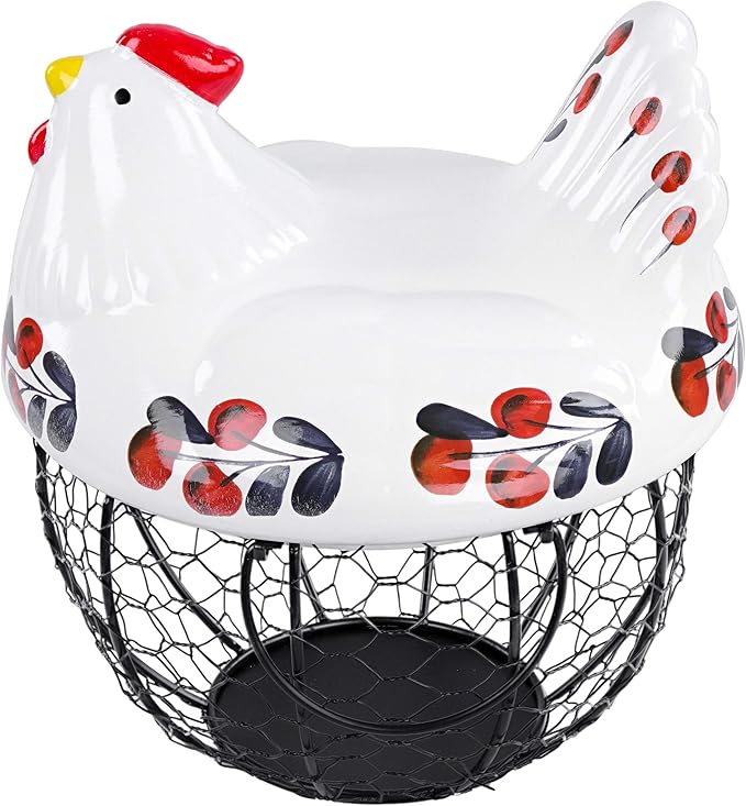Rural365 Chicken Egg Basket in Navy and Red Design Ceramic Chicken Shaped Lid with Round Wire Basket Base and Handles