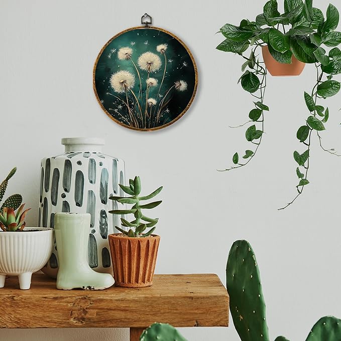 Hiuwevt Deep Green Dandelion Round Wall Art Decor, Moody Dark Floral Botanical Framed Canvas Prints, Rustic Cottagecore Plant Round Wall Hanging Decor for Bedroom Home Decorations, 10x10 Inches