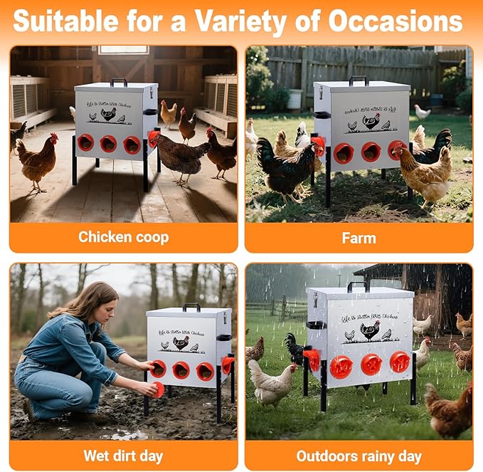 50LB Automatic Chicken Feeder–8 Feeding Ports No-Waste Galvanized Metal Chicken Feeder Box with Adjustable Legs & Locking Lid Poultry Feeder for Chickens,Geese,Ducks,Rust-Resistant