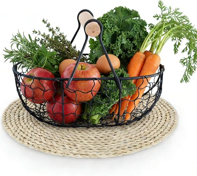 Kitchen Decor Chicken Egg Basket: Egg Basket for Gathering Fresh Eggs, Farmhouse Small Vintage Style Wire Fruit Bread Fresh Egg Holder Countertop, Egg Collecting Basket (Black)