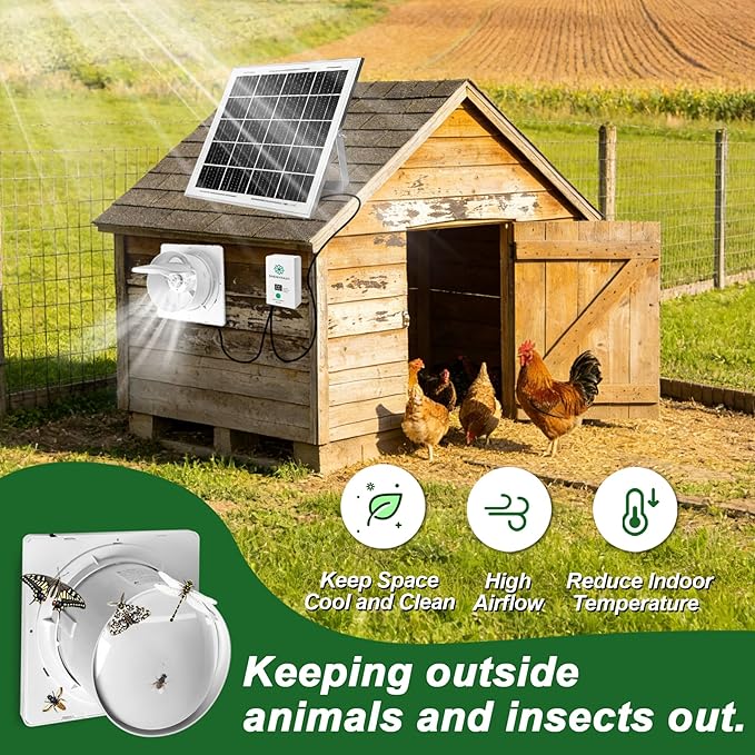 Solar Exhaust Fan with 7500mAh Battery & LCD Display, 25W Solar Panel Vent Fan for Chicken Coop, Greenhouse & Shed, 6" Solar Powered Ventilation Fan, 380 CFM, Ultra Quiet, Day & Night Cooling