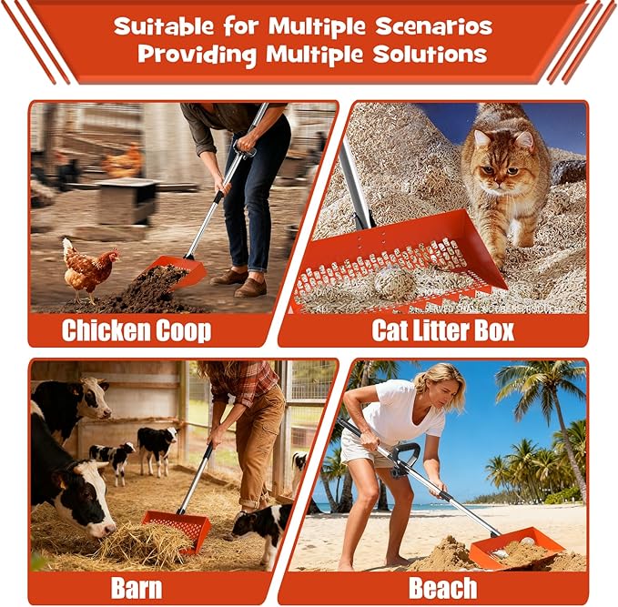 Chicken Poop Scooper & Rake 2-in-1 – 12 Inch Shovel Head & 3-Angle Adjustable 304 Stainless Steel Handle, Chicken Litter Scoop and Coop Rake & Sand Sifting Shovel for Chicken Coops, Orange
