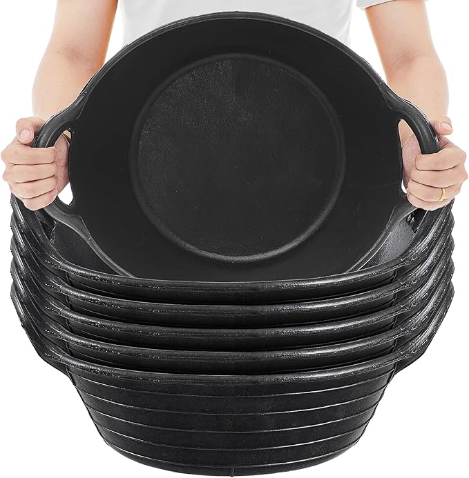 Maxdot 6 Pieces Rubber Feed Pan with Handles 3 Gallon Heavy Duty Livestock Feed Tub for Horses Goats Chickens Ducks Flexible Garden Farm Utility Bucket Harvest Tub for Vegetables Washing Soil Mixing