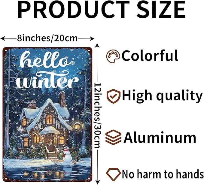 Hello Winter Sign Aluminum Metal Sign Funny Tin Sign for Home Farmhouse Bar Cafe 12×8 Inch