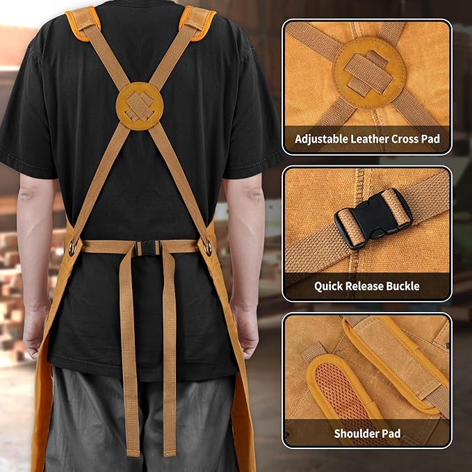 AOLEBA Woodworking Apron for Men,Heavy Duty Waxed Canvas Work Tool Apron with 12 Tool Pockets for Workshop, Mechanic, Carpenter, Blacksmith, Mens Aprons Gifts for Dad Father Men (Khaki)