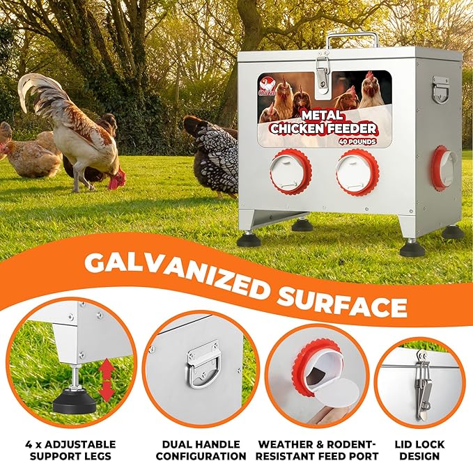 40 lbs 6 Port Galvanized Chicken Feeder with Adjustable Height,Locking Lid&Riveted Handles,Large Capacity Rainproof Automatic Chicken Feeders Silver