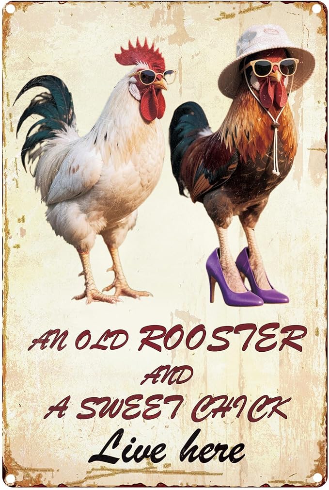 Vintage Chicken Wall Sign – 8x12” Farmhouse Rooster Decor with “AN OLD ROOSTER AND A SWEET CHICK Live here”” Quote – Rustic Waterproof Metal Plaque for Kitchen, Porch, Coop, Chicken Mom Gift - C