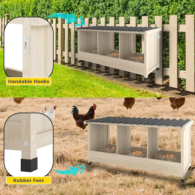 Chicken Nesting Box, 3 Holes Wooden Nesting Box, Hens-Wall Mounted or Floor Use, Chicken Coop Accessorie with PVC Roofing, Preventing Egg Falls, Easy to Assemble, Backyard and Farms