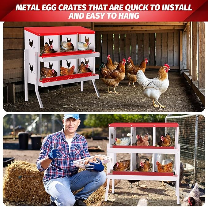 Chicken Nesting Boxes, 6-Compartment Metal Egg Laying Box with Swing Perch and Secure Lid – Versatile Wall Mount or Free Standing Suitable for Various Chicken Breeds - red with Leg