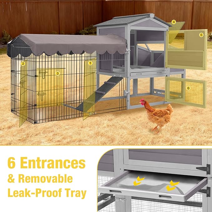 Aivituvin Durable Mobile Chicken Coop with Wheels, Waterproof Asphalt Roof, Steel & Cedar Wood Frame, Large Nesting Box, Predator-Proof, Removable Tray, Two-Level Chicken House for 4–6 Chickens