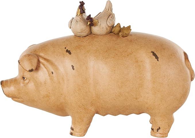 Deco 79 Resin Pig Sculpture with Roosters and Chicks, 15" x 6" x 11", Light Brown