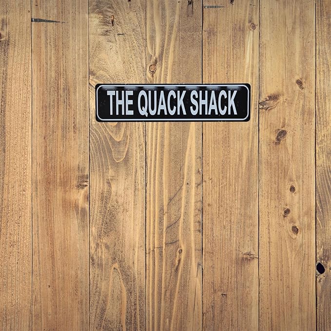 Quack Shack Retro Metal Tin Sign - Duck Waterfowl Chicken Coop Decor, Rustic Street Sign, Door Name Plate Plaque for Farmhouse Pub, Bar, Home Wall Art 16x4 Inch (black)