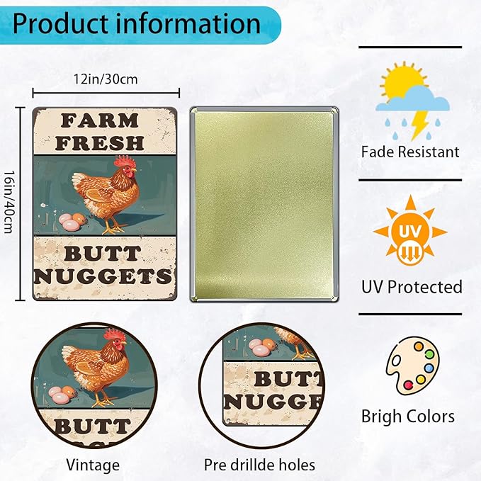 Chicken Coop Sign Farm Fresh Butt Nuggets Tin Sign Plaque Metal Poster 12x16 Inch Wall Decor