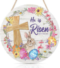CHDITB Easter Religious Wooden Sign, He is Risen Christian Wooden Hanging Plaque,Bunny Easter Eggs Door Hanger, Easter Holiday Decor, Easter Floral Wreath Wall Art Sign Hanger for Easter Party