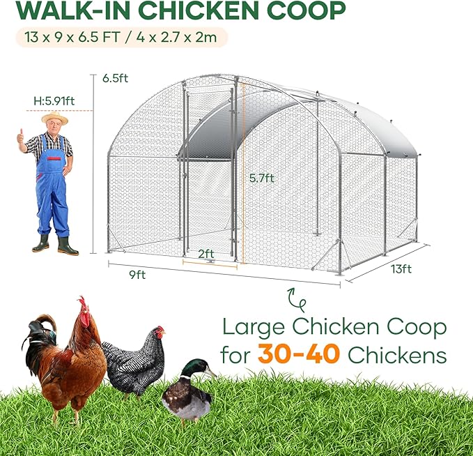 Large Chicken Coop for 10-20 Chickens Tri-Support Walk-in Chicken Pen Metal Chicken Fence Large Chicken Run for Yard with Cover Chicken Coops with Run House for Laying Hens Dome Roof 13x9.2x6.5 ft