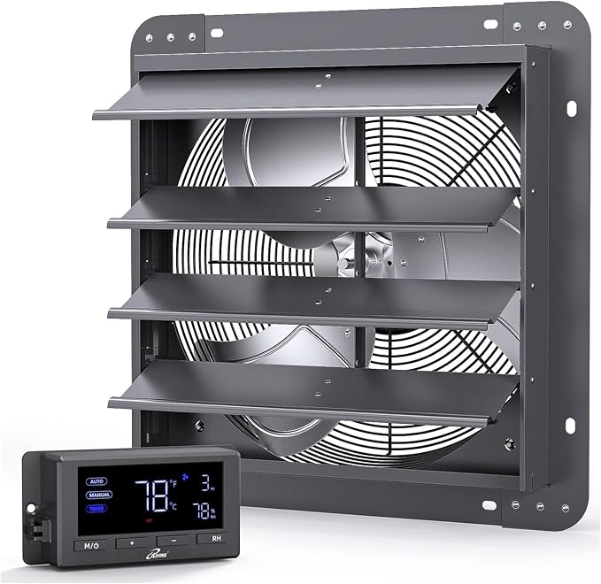 iLIVING 14" Wall Mounted Shutter Exhaust Fan, Automatic Shutter, Temperature and Humidity Controls with Variable Speed, 1200 CFM at 1600 RPM DC Motor