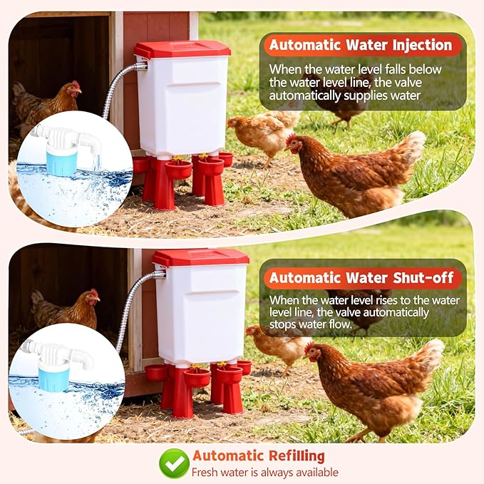 Chicken Waterer Float-Controlled Automatic Continuous Fresh Water Filtered Float- Chicken Waterer 2 Gallons Large Poultry Waterer for Duck, Quail, Turkey, Chick (Red)