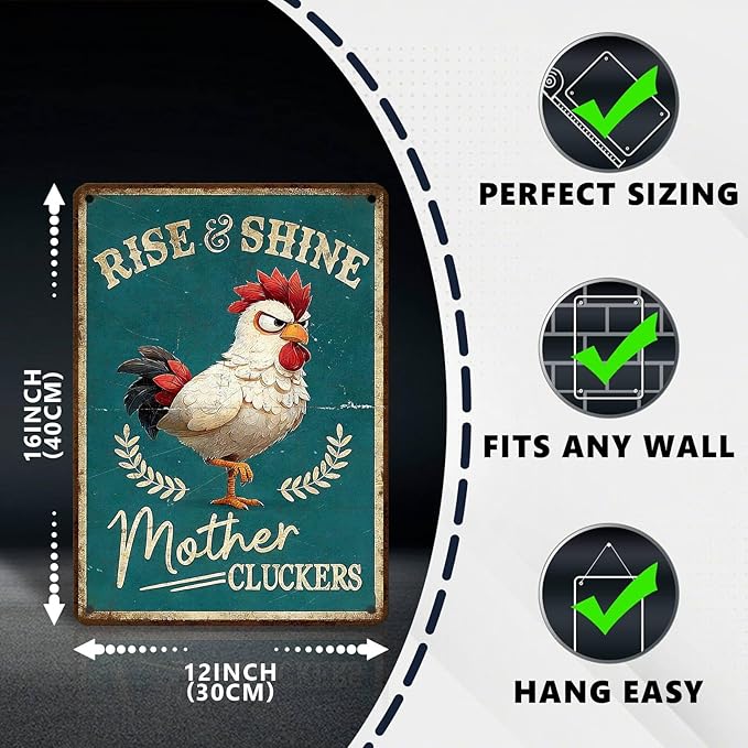 Funny Chicken Signs Rooster Kitchen Decor Rise And Shine Mother Cluckers Tin Signs Vintage Coop Metal Decor Rustic Wall Art For Home Farmhouse Farm Poultry House Cafe Bar Office 16 * 12 In