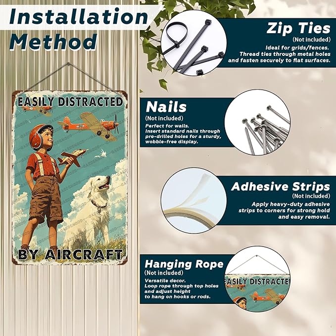 Airplane Decor Aviation Wall Art Vintage Airplane Metal Tin Sign Easily Distracted By Aircraft Retro Plane Poster For Home Bar Garage Man Cave 12x8 Inch