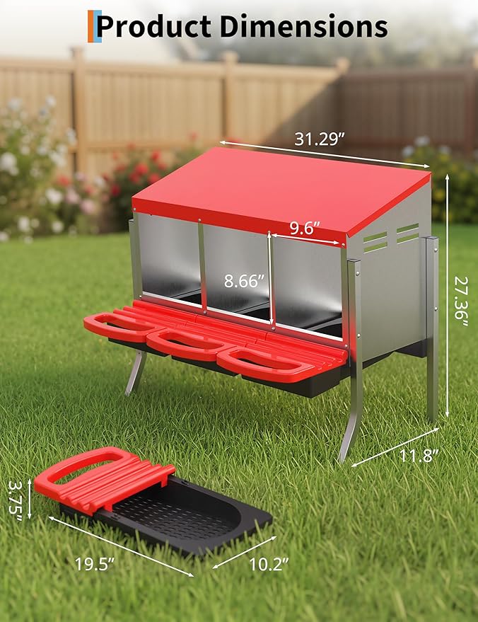Chicken Nesting Boxes, 3 Hole Metal Rollaway Nest Box for Laying Hens with Cleanable Pull-Out Trays Wall Mount or Placed Design for Easy Egg Collection & Cleaning(Includes Legs)