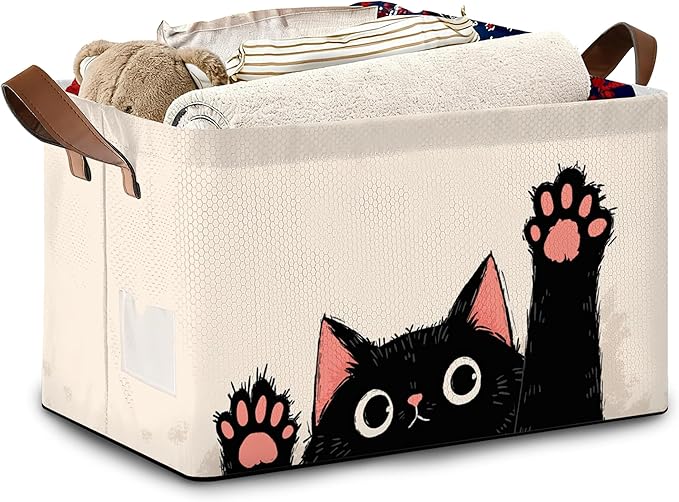 Funny Black Cat Storage Baskets,Foldable Organizer Bin with Handles for Home Living Room Bedroom Closet Box 17x11.5x10Inch