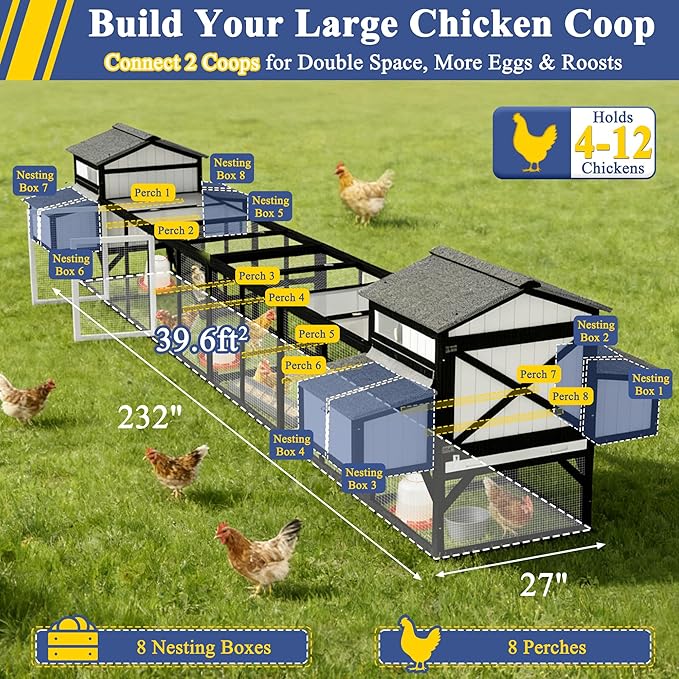 116" Large Chicken Coop with Run, Wooden Hen House Outdoor Poultry Cage 28.41 ft² for 4–6 Chickens, 4 Nesting Boxes, 4 Perches, Easy-Clean Slide Out Tray, Expandable Backyard Coop