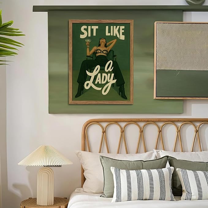 Framed Feminist Wall Art, Vintage Sit Like a Lady Green Wall Decor, Bold Girl Power Feminine Poster Print, Retro Empowering Female Canvas Painting Aesthetic for Bedroom Dorm 12x16 inch