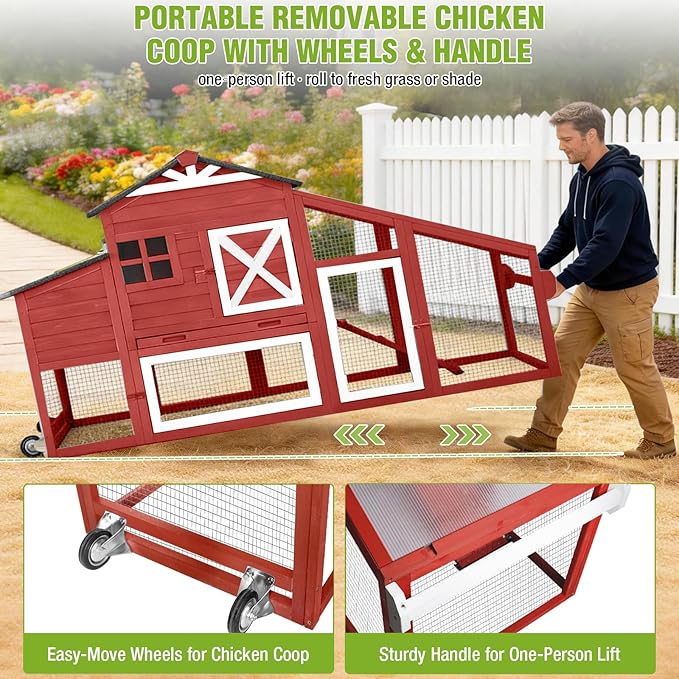 GUTINNEEN Chicken Coop with Wheels for 2-4 Chickens, Large Wooden Outdoor Hen House with Run, Waterproof & UV-Resistant Roof, Removable Leakproof Tray and Divided Nesting Box– Red