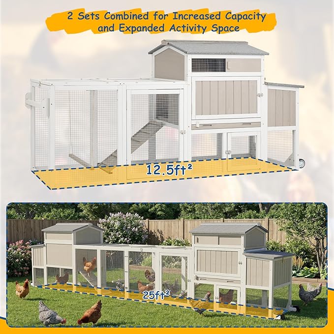 Wooden Chicken Coop with Wheels – Large Movable Outdoor Hen House with Waterproof Clear Sunlight Panel Roof, Nesting Box & Easy-Clean Tray – Spacious Backyard Poultry Tractor Grey