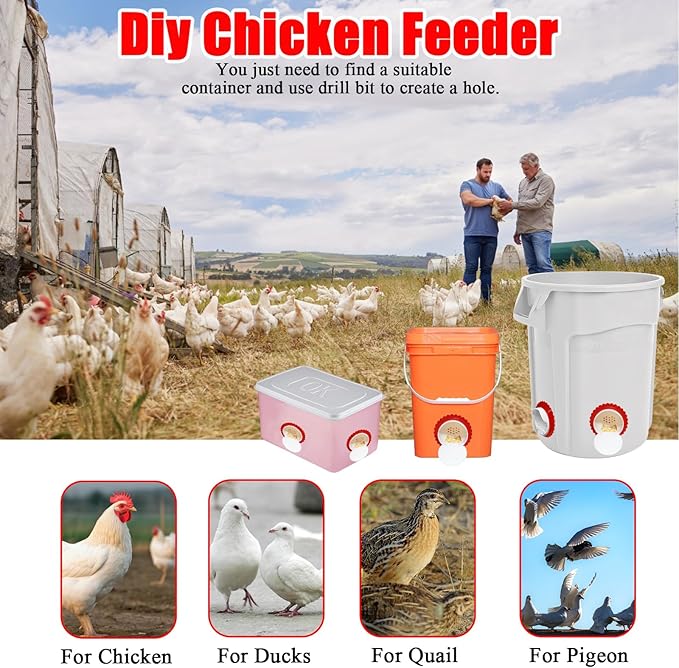 Chicken Feeders No Waste, DIY Rain-Proof Rodent Proof Automatic Poultry Feeder Port kit, Gravity Feeder with Lid has 4/6 Ports -1 Hole Saw Suitable for Buckets, Barrels, Bins, Troughs (White-4pcs)