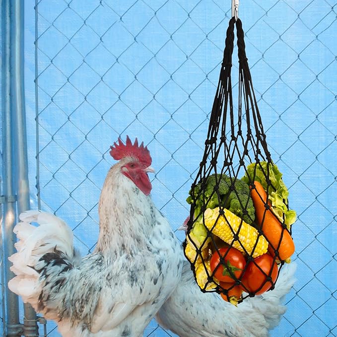 4Pcs Chicken Vegetable String Bag Poultry Fruit Holder Chicken Cabbage Feeder Treat Feeding Tool with Hook for Hens Chicken Coop Toy for Hen Goose Duck