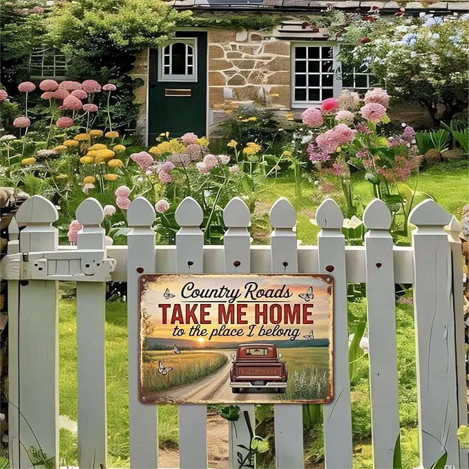 Country Roads Truck Country Farmhouse tin sign Vintage Take Me Home Metal Sign for Garden & Yard Bar Porch Garage Home Bedroom Kitchen Decor Gift 8 x 12， easy to hang