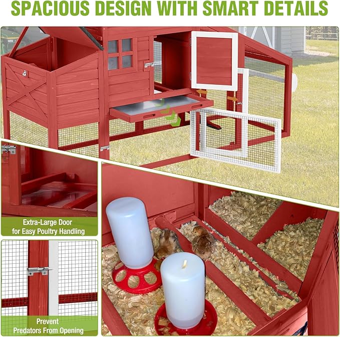 GUTINNEEN Chicken Coop with Wheels for 2-4 Chickens, Large Wooden Outdoor Hen House with Run, Waterproof & UV-Resistant Roof, Removable Leakproof Tray and Divided Nesting Box– Red