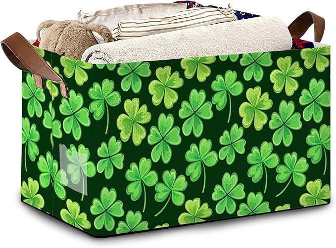 Lucky Clover Storage Basket with Handles,Patrick's day Collapsible Rectangle Organizer Bin for Room Decoration Books Box Baskets 17x11.5x10Inch