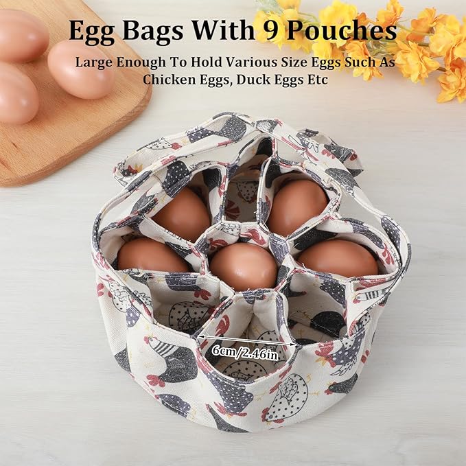 2Pcs Egg Collection Basket, Egg Bags, Portable Eggs Carrier, Eggs Gathering Basket with 9 Pouches for Home Garden Farm Use