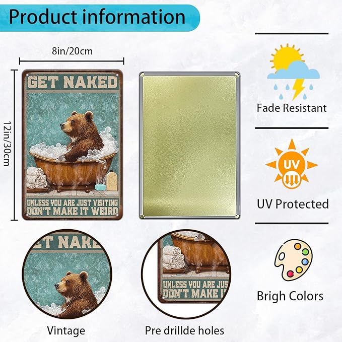 Bear Bath Metal Tin Sign 12x8 Inch Bear Metal Poster Bear Tub Metal Tin Sign Home Kitchen Garden Bar Pub Restaurant Bathroom Are Wall Decor