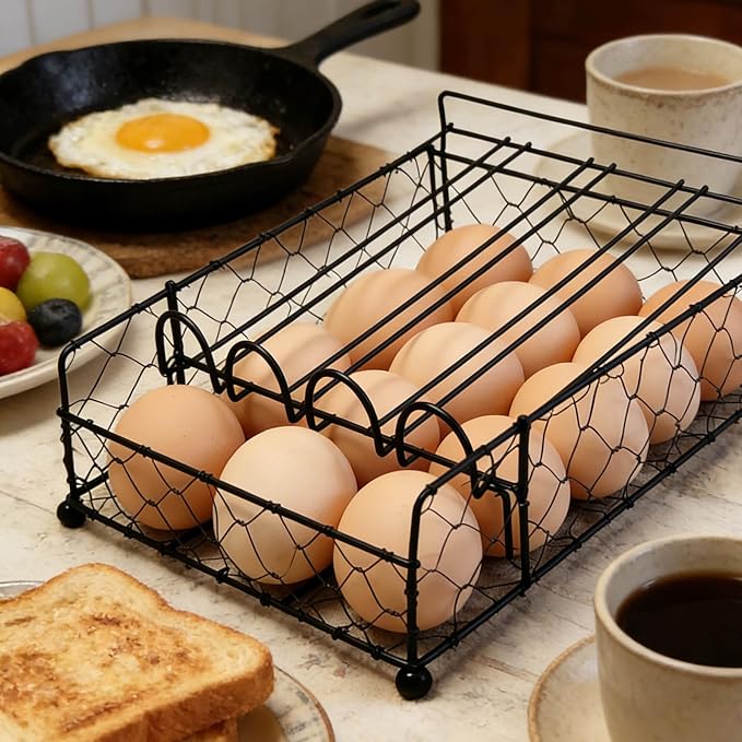 TAIANLE. Wire Egg Basket For Gathering Fresh Eggs with Rolling Tray 2 Tier, Farmhouse Metal Egg Holder Container Countertop, Rustic Display Tray