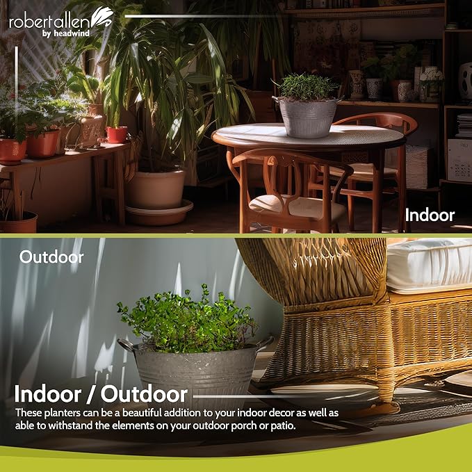 Headwind Decorative Planter - Round Galvanized Tub Planter with Handles – 14 Inch Lightweight Metal Planter with Drainage Hole – Galvanized Steel Tub for Plants - Metal Flower Pot by Robert Allen
