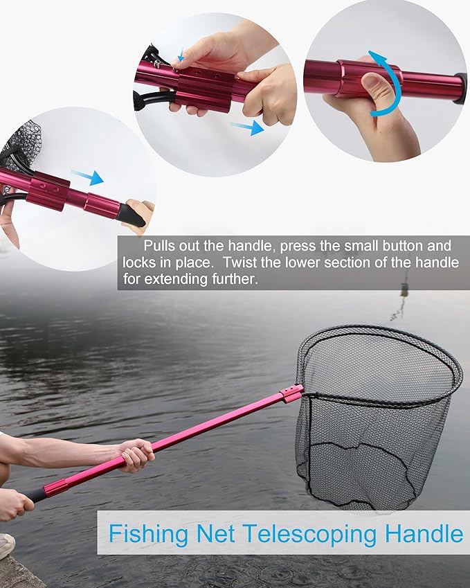 Large Rubber Fishing Net Heavy Duty Extra Large Aluminum Landing Net for Saltwater Fish Net Telescoping Handle with 6pcs Soft Jig Swimbait, Extends to 72-94in