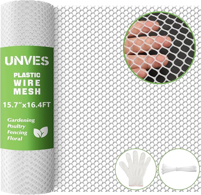 Unves Plastic Mesh Wire, 15.7IN x 16.4FT Plastic Chicken Wire Fencing Roll, Hexagonal Garden Fencing Netting for Garden Beds Dogs Cat Animal Barrier, Outdoor Yard Floral Poultry Netting Roll, White