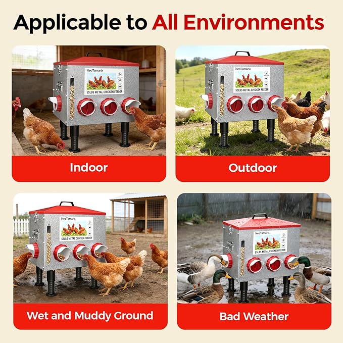 55lbs No Waste Automatic Chicken Feeder, Large Metal Poultry Feeder with 8 Feeding Ports & View Window, Weatherproof, Adjustable Height, and Locking Lid for Chickens, Ducks, Geese