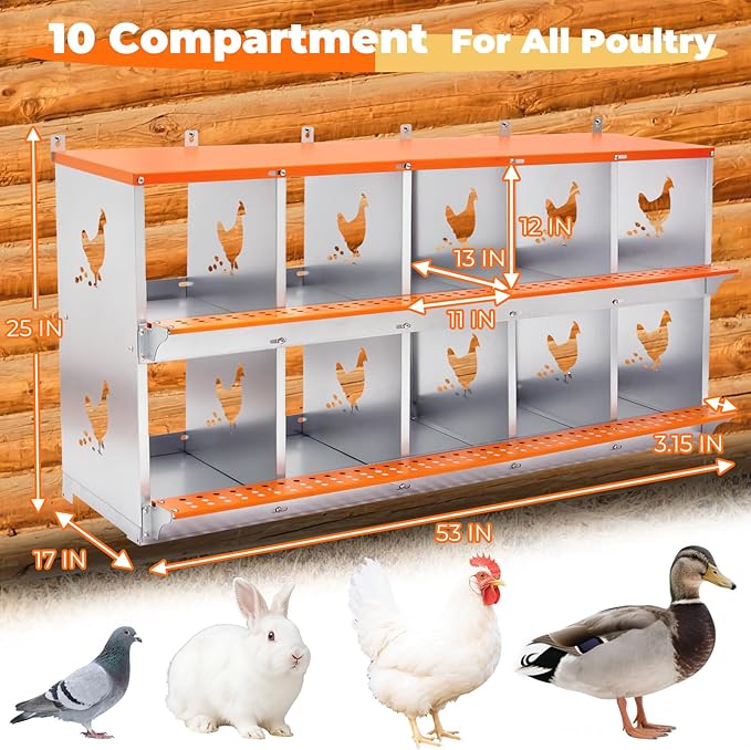 Chicken Nesting Box, 10 Compartment Metal Nesting Boxes for Chickens, Wall Mountable Chicken Laying Boxes, Easy Egg Collection, with Nesting Pads, Indoor & Outdoor Use, 53" L x 17" W x 25" H