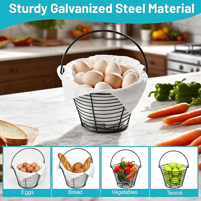 Egg Basket for Collecting & Carrying Chicken Eggs, 2 PCS 8" Wire Egg Basket with Soft Mats, Egg Collecting Baskets, Storagre & Transporting, Black