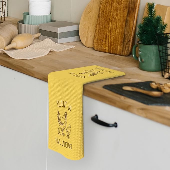 Funny Chicken YellowKitchen Dish Towels 16x24 Inch, Crazy Chicken Gifts for Chicken Mom, Fluent in Fowl Language Decorative Hand Towels Tea Towels for Farmhouse Home