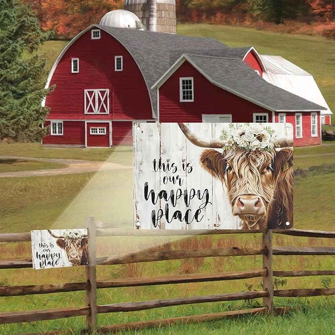 Farmhouse Metal Sign Highland Cow Tin Sign Wall Art This Is Our Happy Place Poster for Home Long Haired Scottish Cow with White Flower Picture Farmhouse Kitchen Decor Framed 12 * 8in