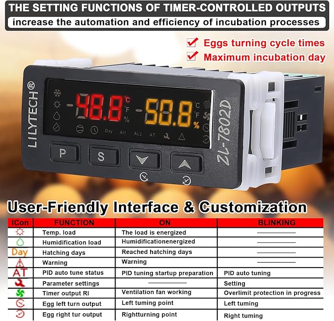 ZL-7802D Automatic Incubator,Digital Temperature Controller,Egg Incubator Controller Thermostat Hygrostat for Eggs Turning and PID Control