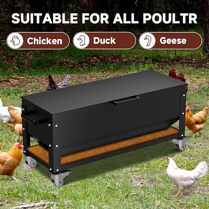 Heavy Duty Chicken Feeder 120 lbs Large Capacity, Metal Automatic Poultry Feeding Box with Waterproof Lid, Raised Standing Feeder with Wheels for Hens & Roosters, Portable & Easy to Move
