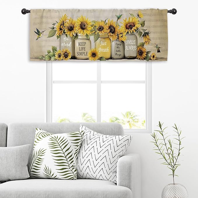 Miyotaa Sunflower Hummingbird Kitchen Curtain Valance 54W x 18H Rod Pocket Farmhouse Rustic Plant Vintage Inspirational Window Treatment for Living Room Bedroom Bathroom