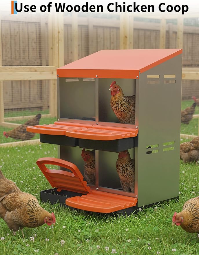 Chicken Nesting Box 4 Hole, Galvanized Steel Nest with Roll Away Egg Collection & Swing Perch, Easy-Clean Laying Box for Hens, Heavy Duty Design for Chicken Coop