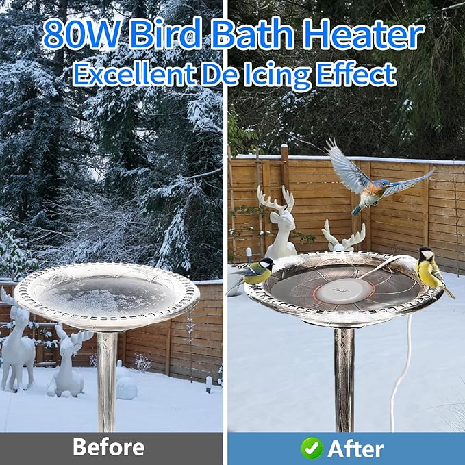 Bird Bath Heater for Outdoors in Winter, 80w Birdbath Heaters for Outdoor Bird Bath Deicer with Thermostatically Control, Heated Bird Bath Water Heater for Bird Chicken Livestock, With 10ft Cord